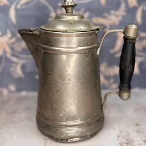 Antique Pewter Coffee Pot Hinged Lid Wood Handle Primitive Estate Find
